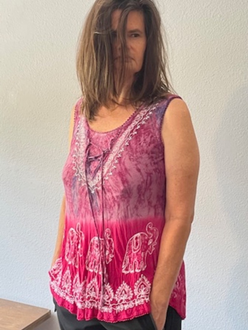 India Boutique Elephant Embroidered Boho Tie Dye Tank Top Free Size Small